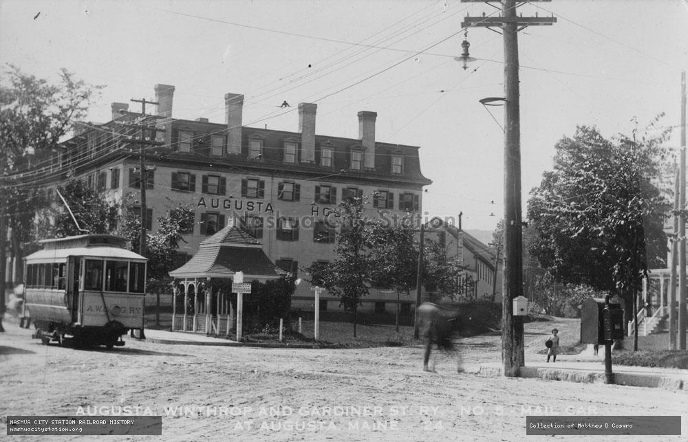 Postcard: Augusta, Winthrop & Gardiner Street Railway #5 Mail Car at Augusta, Maine